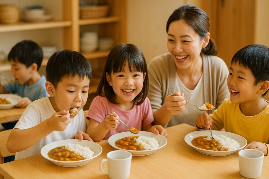 スタッフと3人の子どもたちが笑顔でカレーライスを食べている様子。