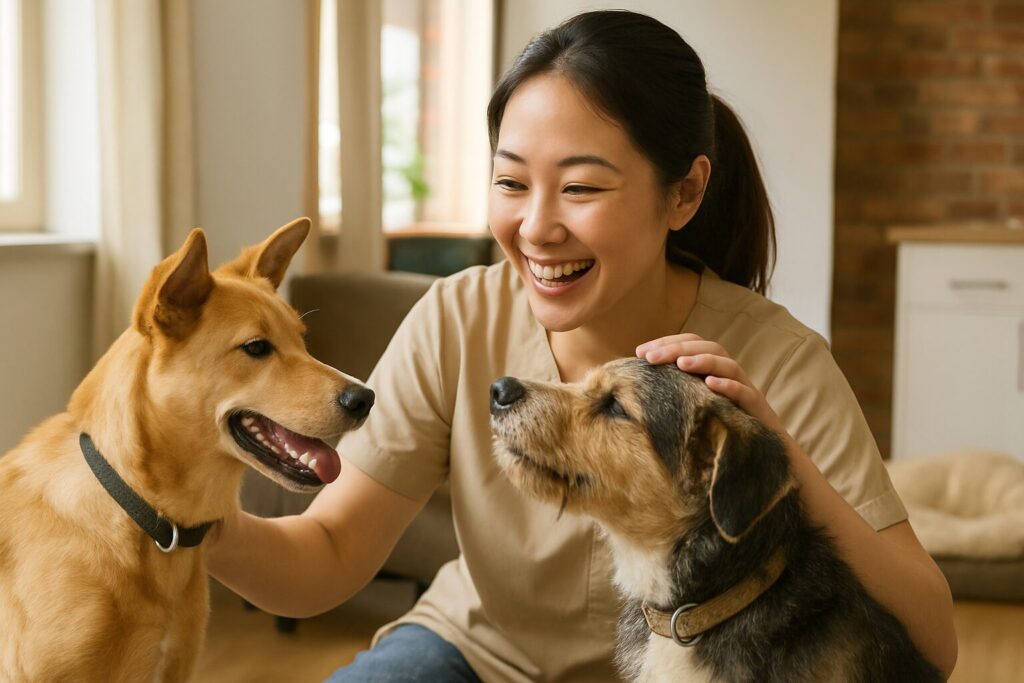 笑顔の女性スタッフが保護犬2頭を優しく撫でながら触れ合っている様子。