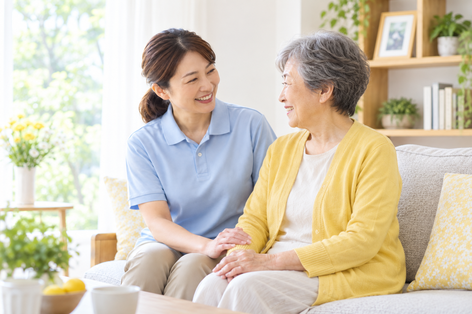 明るい居間で、訪問ヘルパーとご利用者さまが笑顔で向き合うイメージ